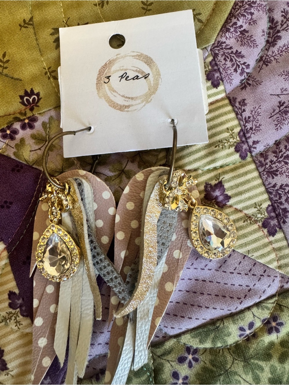 Gold Teardrop Crystal Fringe Earrings in Beige & White